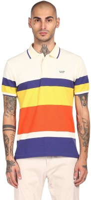 FLYING MACHINE Striped Men Polo Neck White T-Shirt