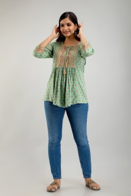 DMP EXPORT Casual Floral Print Women Light Green Top