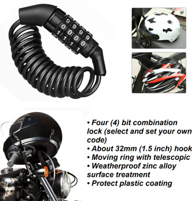 SRPHERE 1x Helmet Lock Anti-theft 4 Digit Password Bicycle Locks for Scooter Motorcycle Cable Lock(Black)