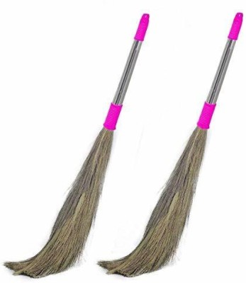 Creazione Production Stainless Steel Broom Stick for Floor Cleaning Natural and Pure Soft Grass Jhadu Grass Wet and Dry Broom(Multicolor, 2 Units)