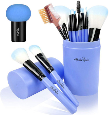 Bella Ciao Professional 12 Pcs Makeup Brush With Box & Mushroom Shaped Sponge Puff - Blue(Pack of 13)
