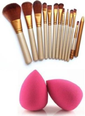 VARFX 12 Pc Makeup Brush set + 2 Sponge Puff (Pack of 14)(Pack of 14)