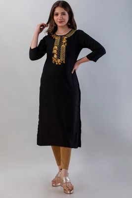 HANDISH Women Embroidered Straight Kurta(Black)