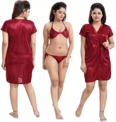 GOODNIGHT GLAM Women Robe and Lingerie Set(Maroon)