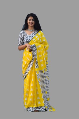 SUNDREESAREE Blocked Printed, Color Block, Floral Print, Printed Ikkat Pure Cotton Saree(Yellow)