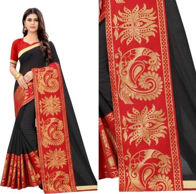 vajiba Printed Chanderi Cotton Blend Saree(Black)