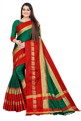 umanta Embellished Daily Wear Silk Blend Saree(Red, Green)