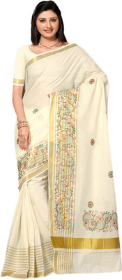 RSV FABRICS Embroidered Kasavu Cotton Blend Saree(Beige)
