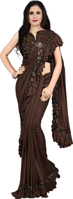 fem hub Self Design Bollywood Lycra Blend Saree(Brown)