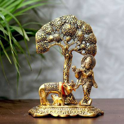 JankiRetails Handcrafted Lord Krishna Playing Basuri with Cow and Calf Under Tree Decorative Showpiece  -  14 cm(Metal, Gold)