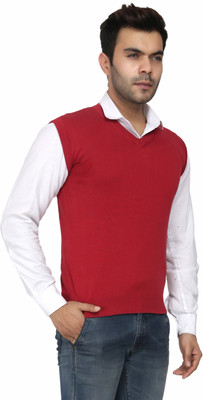 KNITLORE Solid V Neck Casual Men Red Sweater