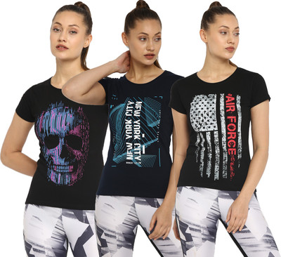 Ap'pulse Printed Women Round Neck Black, Navy Blue T-Shirt