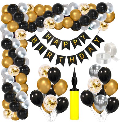 ZYOZI Solid 79 PCS Black Gold and Silver Balloon Garland Arch Kit With Happy Birthday Banner Balloon(Black, Gold, Silver, Pack of 79)