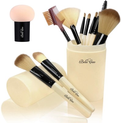 Bella Ciao Professional 12 Pcs Makeup Brush With Box & Mushroom Shaped Sponge Puff - Cream(Pack of 13)