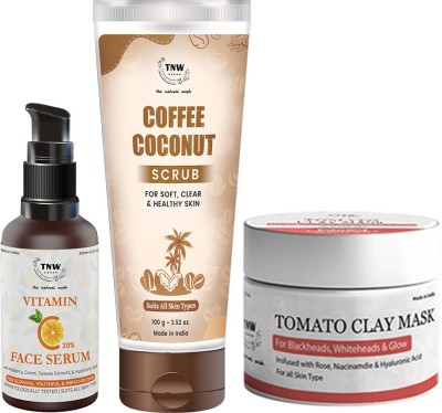 TNW - The Natural Wash Tomato Clay Mask, Coffee Coconut Scrub & Vitamin C Face Serum for Glowing Skin | With Tomato, Coffee & Vitamin C |(3 Items in the set)