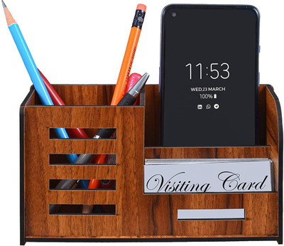 YOGI SELLING 3 Compartments Desk Organizer With Pen / Pencil / Mobile / Visiting Card Stand For Office Table Multipurpose Pen Stand With Visiting Card / Business Card & Mobile Holder(Brown)