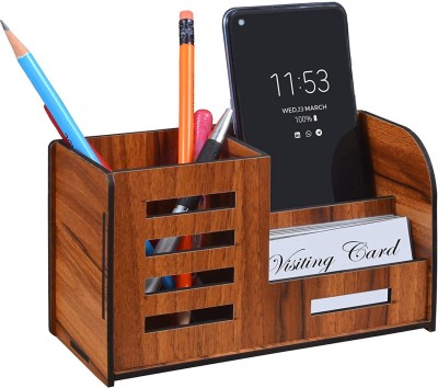 GENIYO 3 Compartments Wooden Pen Stand With Visiting Card & Mobile Holder For Office Table Organizer Desk Organizers(Brown)