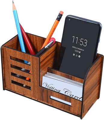 GENIYO 3 Compartments Wooden Holder Stand For Table Accessories Pen / Pencil / Mobile / Visiting card Desk Organizer(Brown)