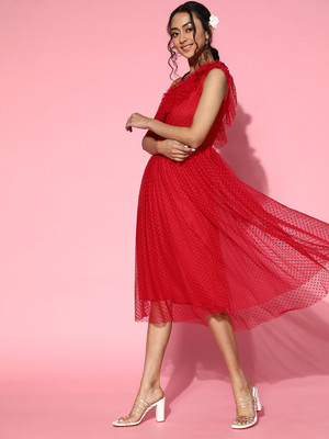 ATHENA Women Fit and Flare Red Midi/Calf Length Dress