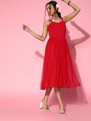 ATHENA Women Fit and Flare Red Midi/Calf Length Dress