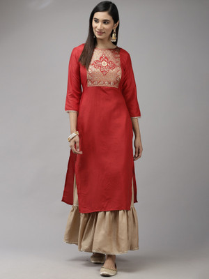 Indo Era Women Embroidered Straight Kurta(Red)
