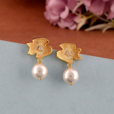 Femme Jam 925 Sterling Silver Pearl / Moti Gold Plated Dangle Drop Earrings for Women White Gold Pearl Dangle Earring