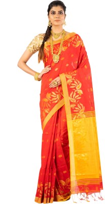 Subarna Textile Woven Handloom Cotton Silk Saree(Red)