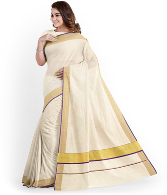 Chithra Fabrics Solid/Plain Kasavu Pure Cotton Saree(Purple, Beige)