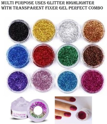 YAWI SMALL HIGHLIGHTER POWDER (EYES + FACE+ BODY)12 PCS. WITH GLITTER FIXER GEL(MULTICOLOR, TRANSPARENT)