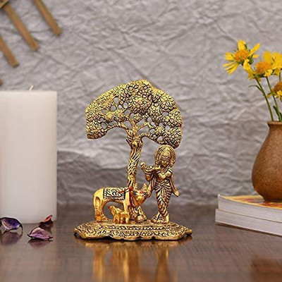 LOTUS RISE Radha Krishna Sitting Under Tree Idol Metal Statue Showpiece Decorative Showpiece  -  23 cm(Aluminium, Gold)