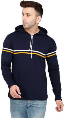 Raryancollection Striped Men Hooded Neck Blue T-Shirt