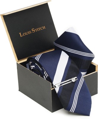 LOUIS STITCH Lined Blue Italian Silk Necktie Set With Pocket Square & Silver Chrome Pin Striped Tie