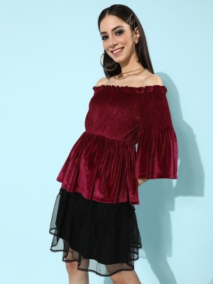 KASSUALLY Casual Solid Women Maroon Top