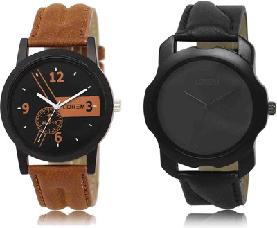 LOREM LR01-LR22 Set Of 2 Casual Round Synthetic Leather Analog Watch  - For Men