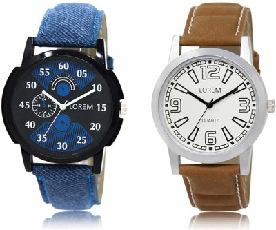 LOREM LR02-LR15 Set Of 2 Casual Round Synthetic Leather Analog Watch  - For Men