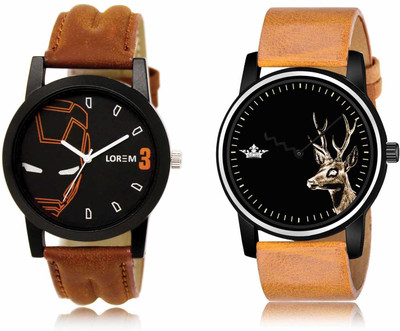 LOREM LR04-LR69 Set Of 2 Casual Round Synthetic Leather Analog Watch  - For Men
