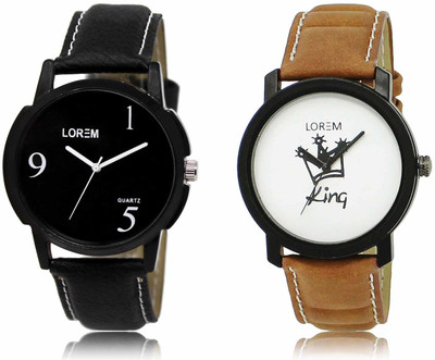 LOREM LR06-LR18 Set Of 2 Casual Round Synthetic Leather Analog Watch  - For Men
