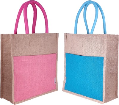 Foonty Pack of 2 Grocery Bag/Lunch Bag(FAB-31B) Pack of 2 Grocery Bags(Pink, Blue)