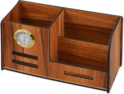 YOGI SELLING 3 Compartments Wooden Pen & Pencil Holder With Watch And Business Card Stand For Office Table ooden Holder With Watch For Pen / Pencil / Mobile / Visiting / Business Card(Brown)