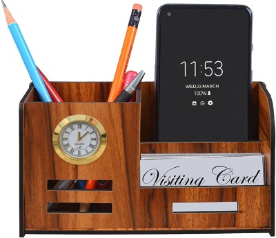 GENIYO 3 Compartments Wooden Pen & Pencil Holder With Watch And Business Card Stand For Office Table pen
stand(Brown)