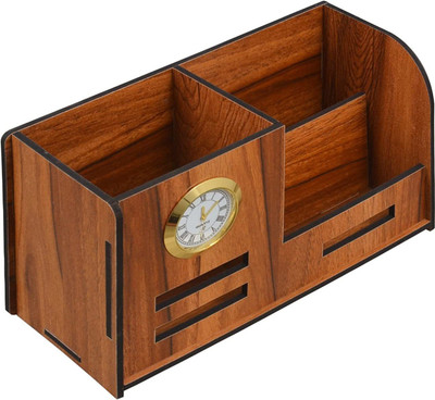 GENIYO 3 Compartments Wooden Stand With Watch For Pen / Pencil / Mobile / Visiting / Business Card Box Wooden Pen / Pencil Stand With Watch And Business / Visiting Card & Mobile Stand(Brown) GENIYO 3 Compartments Wooden Stand With Watch For Pen / Pencil / Mobile / Visiting / Business Card Box Wooden Pen / Pencil Stand With Watch And Business / Visiting Card & Mobile Stand(Brown)