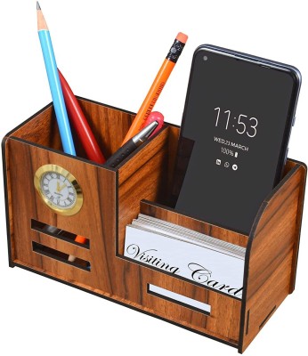 GENIYO 3 Compartments Wooden Pen & Pencil Holder With Watch And Business Card Stand For Office Table Wooden Stand With Watch For Pen / Pencil / Mobile / Visiting / Business Card Box(Brown)