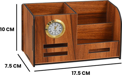 YOGI SELLING 3 Compartments Wooden Pen & Pencil Holder With Watch And Business Card Stand For Office Table Wooden Stand With Watch For Pen / Pencil / Mobile / Visiting / Business Card Box(Brown)