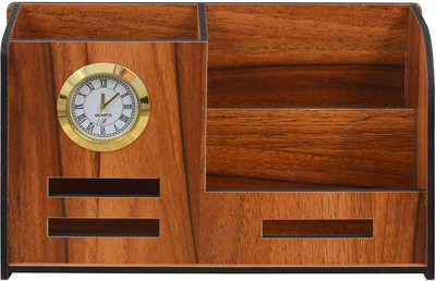 GENIYO 3 Compartments Wooden Pen / Pencil Stand With Watch And Business / Visiting Card & Mobile Stand Wooden Pen & Pencil Holder With Watch And Business Card Stand For Office Table(Brown)