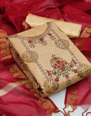Samah Cotton Blend Dyed, Embroidered, Embellished Salwar Suit Material