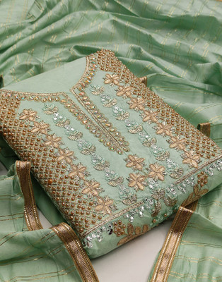 Samah Cotton Blend Dyed, Embroidered, Embellished Salwar Suit Material