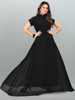 Krunal Raiyani Women Fit and Flare Black Maxi/Full Length Dress