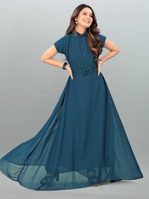 Jash Creation Women Fit and Flare Blue Maxi/Full Length Dress