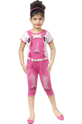 BURBN Dungaree For Girls Casual Printed Cotton Blend(Pink, Pack of 1)