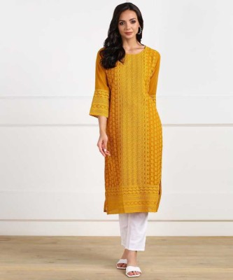 DAFFODIL FASHION Women Chikan Embroidery Straight Kurta(Yellow)